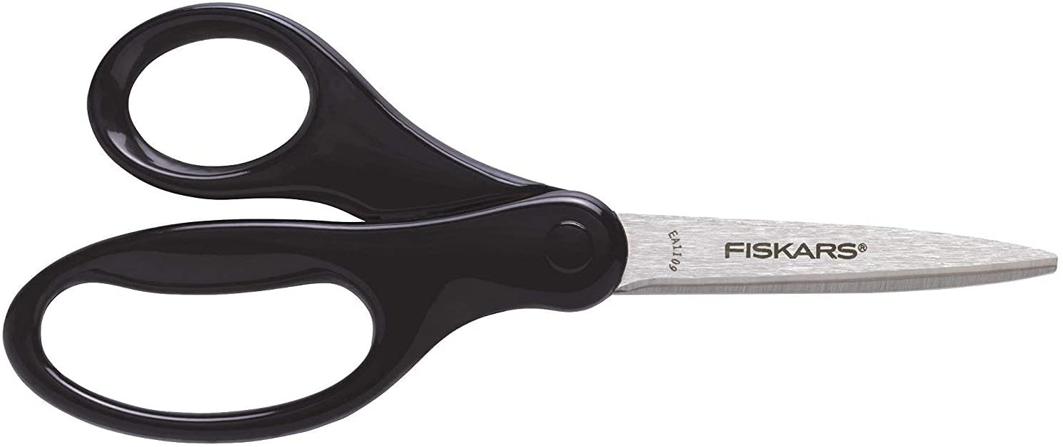 Fiskars 7" Safety School Scissors with Stainless Steel Pointed Tip Blades for Children, Kids, Students (Black)