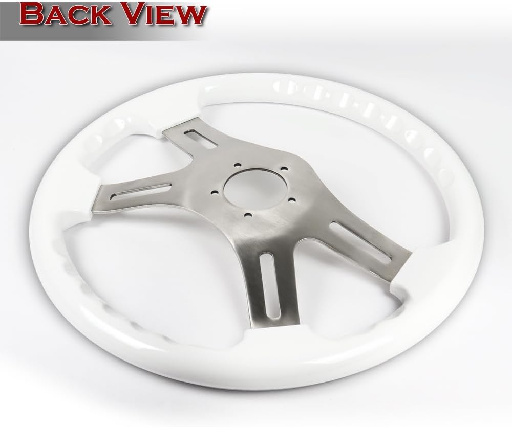 W-Power, 16" Universal 406mm 5 Bolt Hole 2 Inches Deep with Aluminum Polished Vintage Style Wood Grip Steering Wheel, Silver Horn Button (White Wood Grip/Silver Spoke)