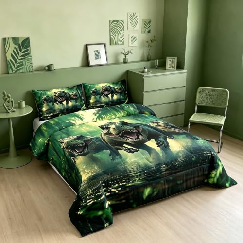 Image of Feelyou Dino Dinosaur Comforter Set Twin Size Kids Boys Bedding | All Season Soft Bed Set Duvet Set Microfiber Green Warm Cozy Breathable Lightweight
