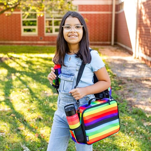 Image of Wildkin Kids ECO rPET Insulated Lunch Box - Keeps Food Hot or Cold, Easy-Clean Lining, Mesh Pockets & BPA-Free - Boys & Girls, Ideal for School, Travel & Daycare - Rainbow Stripe