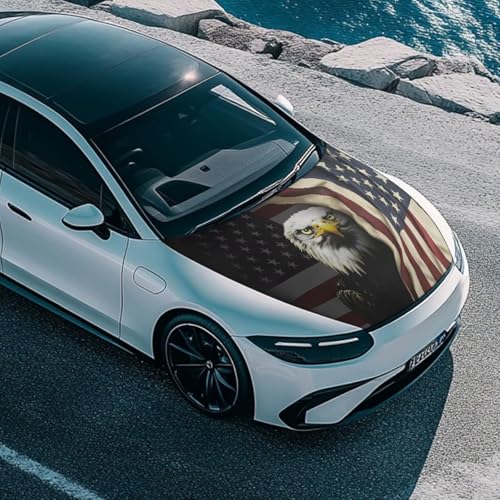 Image of Eagle Car Hood Cover American USA Flag Car Hood Cover Protector Elastic Fabrics Can be Washed Stretch Polyester Fabric Cover Personalized Suitable for Cars