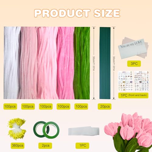 Ezitruz 500 Stück Pfeifenreiniger Blumen Set, 5 Farben Pfeifenputzer zum Basteln für DIY, mit Schleifenband, Klebeband, Staubblätter, Blumendraht, Blumenpapier, Anleitung zum Blumenbasteln(Rosa Grün)