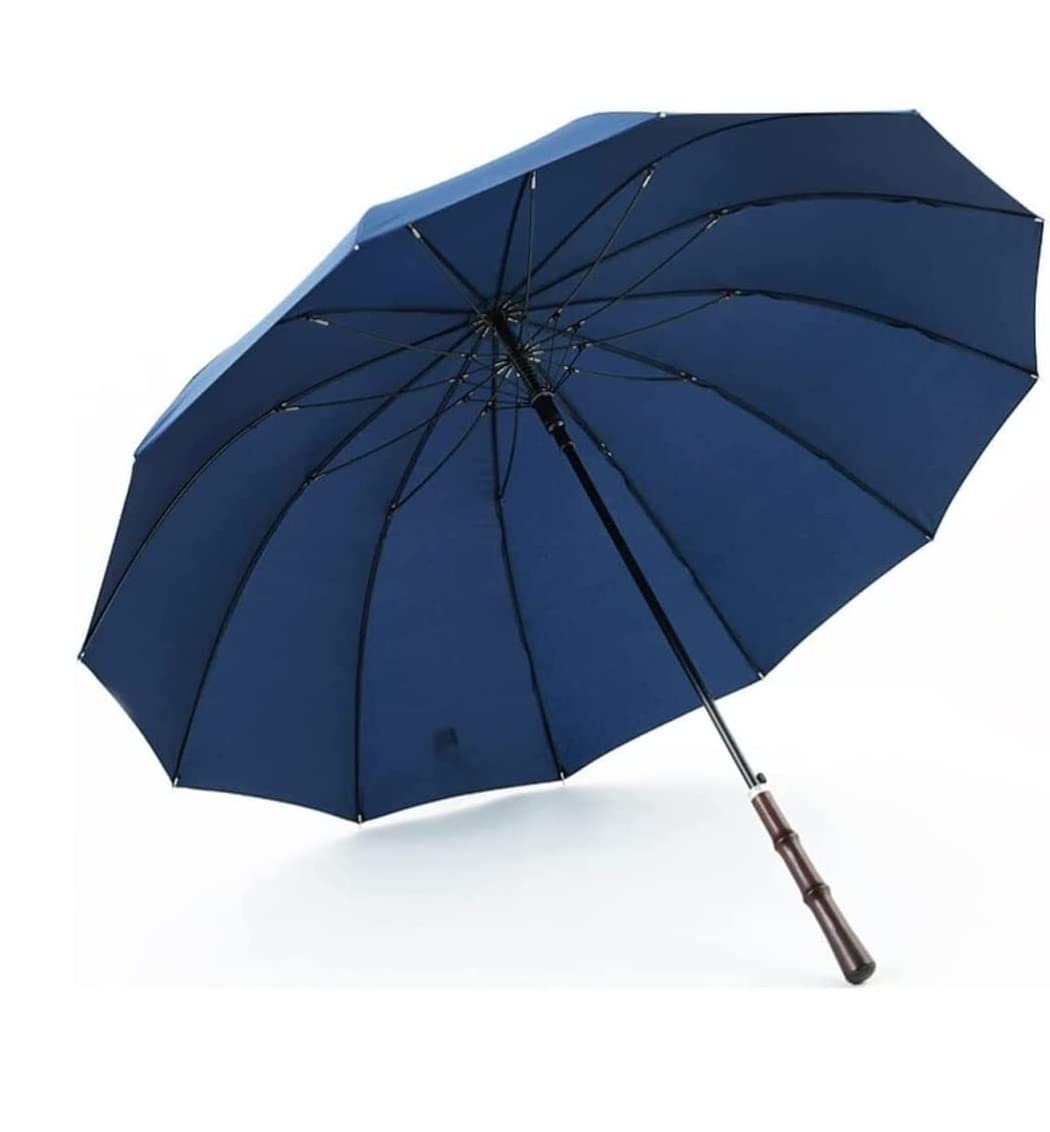 Parasol Parasol Do Golfa Retro Wiatroodporny Parasol W Sztyfcie 12 Kości Drewniany Uchwyt Przeciwdeszczowy Automatyczny Otwarty Parasol Parasole Przeciwdeszczowe(Blue)