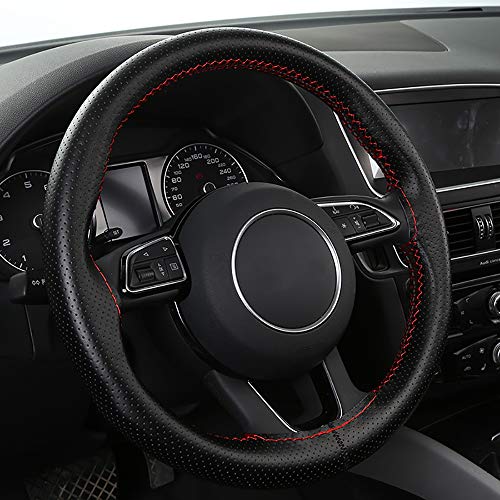 Bmlei Universal Car Steering Wheel Cover With Top Genuine Leather, Anti-Slip Design And Soft Padding, Stitching Style (Black Leather With Red Thread) #TOP1