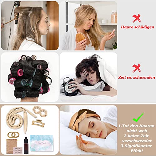 Foto von Lockenwickler Locken Ohne Hitze, Neu Rutschfest Heatless Curls, Lockenwickler über Nacht mit Stirnband Lockenwickler Große Locken DIY Heatless Curls Band Frisurenset,für langes mittleres Haar (Khaki)