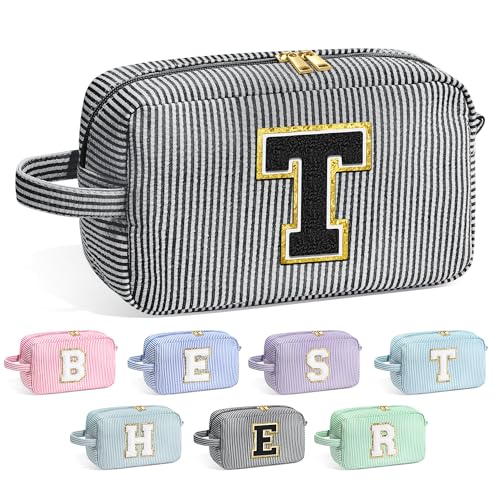 Image of YOOLIFE Teacher Appreciation Gifts for Women - Initial Makeup Bag Letter Toiletry Pouch Cosmetic Case, Personalized Birthday Gifts for Women Girls Mom Daughter Sister Friends, Black T