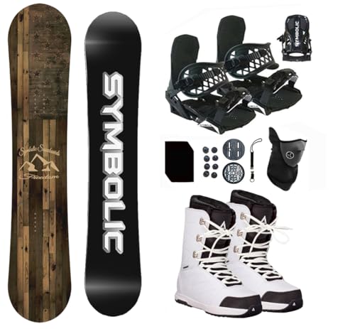 Symbolic Freedom Airtracks Men Snowboard & Bindings & Boots & Leash & Stomp & Gaiter Complete System Package Freeride Freestyle (163 cm, 8.5 Men(Eu41) at White+BLK Bindg)