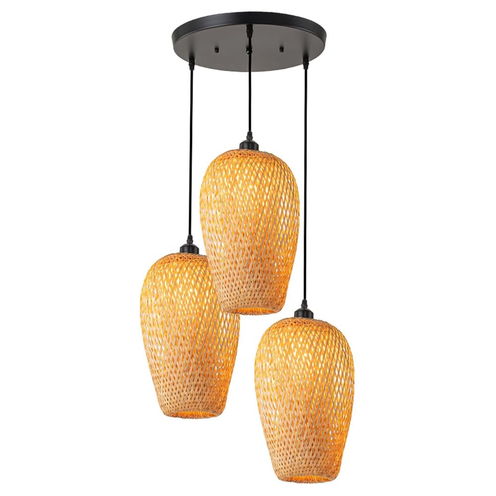 Plafonnier en bambou 3 lampes pour éclairer une grande table de salle à manger