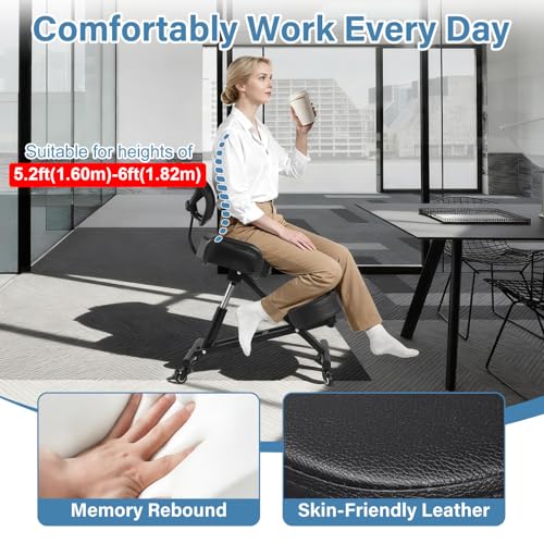 Image of Ergonomic Kneeling Chair with Back Support, Height Adjustable Stool for Home and Office, PU Kneeling Chair for Desk to Relieve Back Discomfort, Thick Moulded Foam Cushions Brake Casters