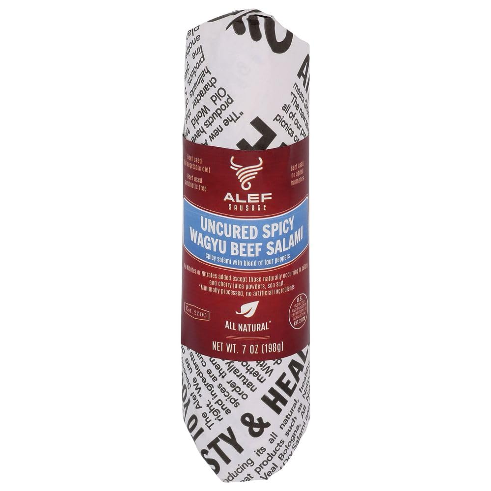 Alef Sausage Uncured All Natural Fresh Spicy Premium Wagyu Beef Salami - Artisan Charcuterie, Gluten Free, Nitrite Free, Paleo & Keto Friendly, Gourmet Air Dried Meat Snacks, 7 Oz Pack Of 1 (Not Sliced)