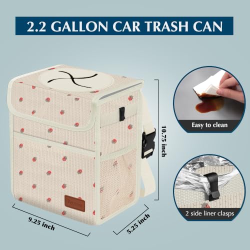 Image of Femuar Leak Proof Car Trash Can with Lid, Collapsible Hanging Waterproof Car Trash Bag with Mesh Pocket for SUV Front Seat Headrest, Beige Strawberry
