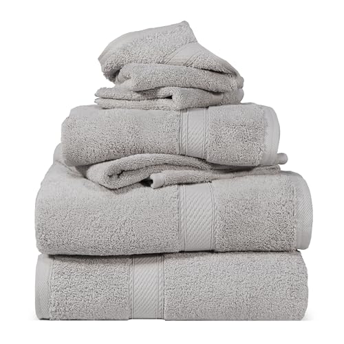 SUPERIOR Solid Egyptian Cotton Towel Set, Washcloths 13” x 13”, Hand Towels 20” x 30”, Bath Towels 30” x 55”, Silver, 6-Pieces