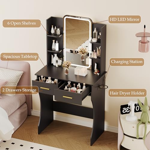 Image of BORNOON Vanity Desk with Mirror and Lights, Small Makeup Vanity Desk with Charging Station, Bedroom Vanity Table with Drawers, Storage Shelves, RGB Ambient Light and Hair Dryer Holder