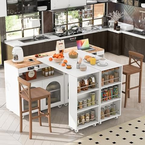 TINIMONI Rolling Kitchen Island with Extended Table, Kitchen Island on Wheels with LED Lights, Power Outlets, 2 Fluted Glass Doors, Storage Compartment and Side 3 Open Shelves, White Cover