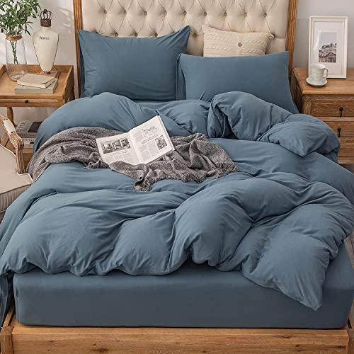 Pure Era Jersey Knit Duvet Cover Set 100% T-Shirt Cotton Super Soft Comfy 3Pc Bedding Set With Zipper Closure (Solid Cerulean Blue, King) #TOP2