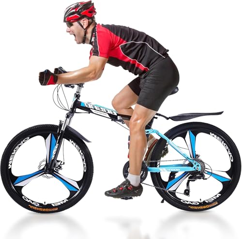Rovyfota Adult Folding Mountain Bike 26in 3 Spoke Wheels Bicycle 21 Speed Drivetrain Bike Mountain bicycle for Adult Men Dual Suspension Hardtail Bicycle Women Sport Cycling Bike (Blue Black)