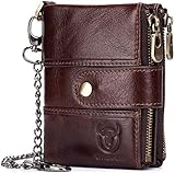 BULLCAPTAIN Leather Men Wallet with Anti-Theft Chain,Genuine Leather RFID Blocking Vintage Hasp Bifold Wallets Multifunctional Card Holder Minimalist Purse Zipper Coin Pocket with ID Window (Coffee)
