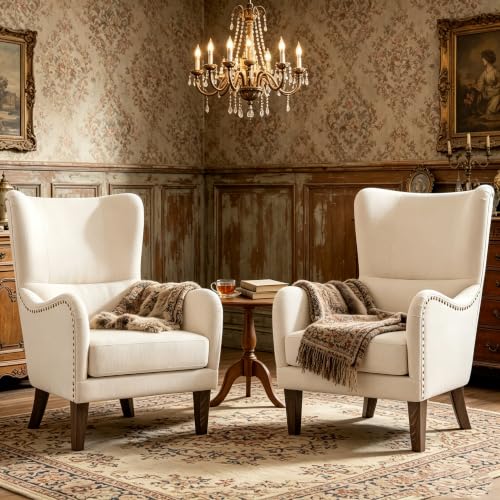 Merax 2Pcs High Wingback Accent Chair with Linen Upholstery, Mid-Century