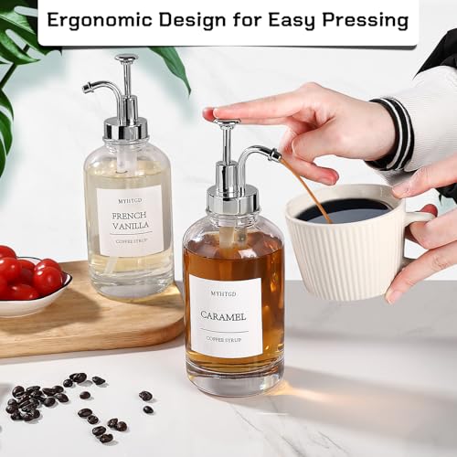 Coffee Bar Accessories,MHDCLY Coffee Syrup Dispenser - 4pack,16.9 oz Syrup Dispenser with Labels,Syrup Pump Dispenser for Coffee Bar(Silver Pump) by MHDCLY - Used condition - Image 3