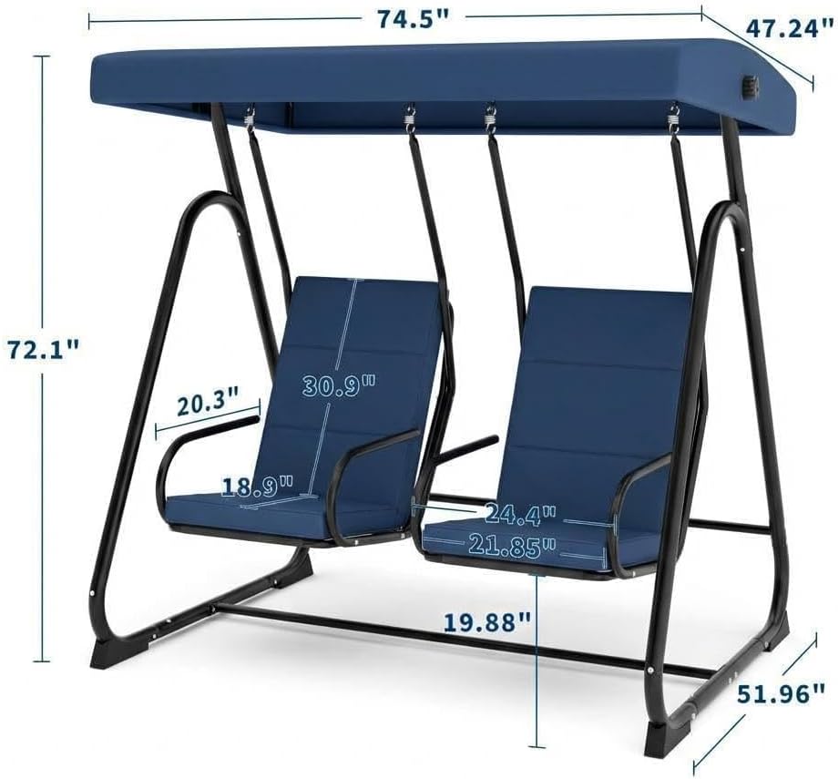 TrailBlaze Adjustable Canopy & Removable Cushions – 2-Person Outdoor Patio Swing Chair – Heavy Duty Steel Frame, Independent All-Weather Seats, for Garden, Balcony, Backyard – Color: Navy Blue