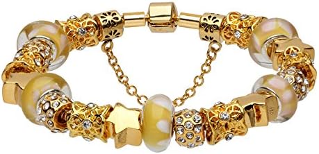 (7.8inch/20cm) Fashion Beautiful European Style Yellow Glass Beads Star Charm Beaded Bracelet for Women Girls