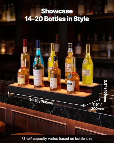 Image of VEVOR LED Lighted Liquor Bottle Display, 2 Tiers 30 inches, Supports USB, Acrylic Illuminated Home Bar Shelf Display with RF Remote & App Control, 9 Static Colors, Timing Mode, for 14-20 Bottles
