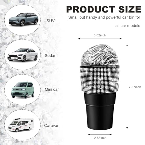 Image of DXNQ Bling Car Trash Can with Lid, Sparkling Crystal Cup Holder Mini Auto Garbage Bin, Leakproof Bling Rhinestone Cup Holder Garbage Can Container for Vehicle Home Office (White)