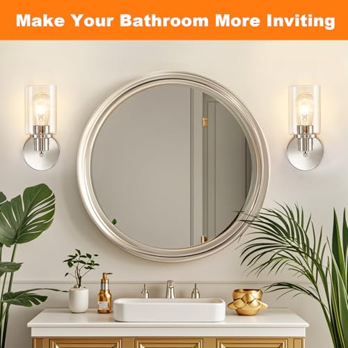 Image of DLLT Wall Sconces Set of Two: Modern Bathroom Vanity Light Fixtures - Nickel Vanity Lights with Clear Glass Shade - Farmhouse Wall Lamp for Bedroom Living Room Mirror Hallway Kitchen