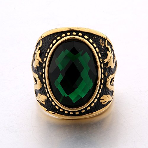Masop Vintage Stainless Steel Dragon Rings For Men Green Emerald Color Stone Jewelry Gold Tone Size 9 #TOP3