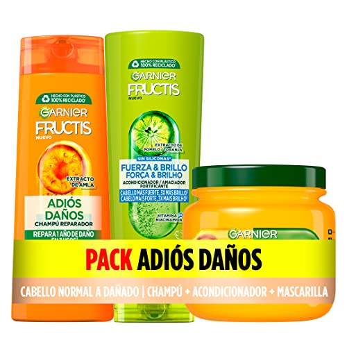 Garnier Fructis Pack Champú y Acondicionador y Mascarilla para Pelo Dañado, con Aceite de Fruto de Amla, Limpia, Repara y Forfitica el cabello desde el interior, Adiós Daños, Set de 3 Productos