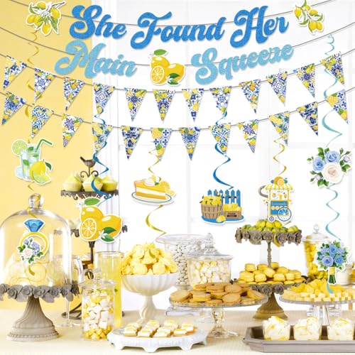 Image of Lemon Bridal Shower Decorations Include She Found Her Main Squeeze Glitter Banners Lemon Bunting Banners Hanging Swirls Amalfi Coast Lemon Theme Party Supplies for Bridal Shower