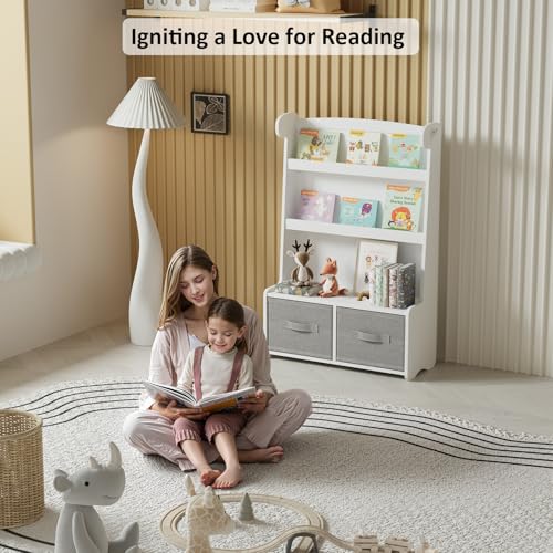 Image of WISUCART Kids Bookshelf and Toy Storage Organizer, 3 Tier Bamboo Todders Book Shelf Large Book Rack for Child Room Playroom Nursery for Kids, Children, Toddlers (White)
