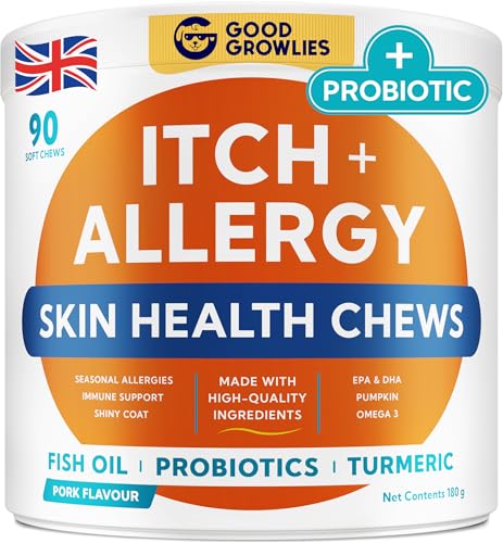 GOODGROWLIES Itchy Dog Skin Relief - Allergy Support Chews - Skin & Coat Supplement - Omega 3 Fish Oil - Itching & Paw Licking - Dry Skin & Hot Spots - 90ct/Pork
