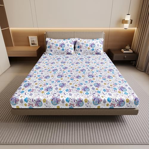 Image of Divine Casa 144 TC 100% Cotton Double Bedsheet with 2 Pillow Covers | Soft Breathable Wrinkle Free Bed Sheet Set | Printed Bedding for Bedroom | 222 x 254 cm (Purple Blue, Floral)