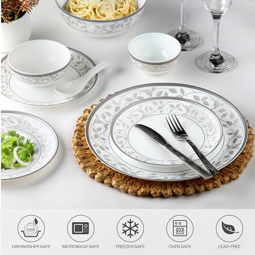 Image of Cello Divine Opalware Divine Silver Dinner Set, 33 Units | Microwave & Dishwasher Safe | Light-Weight & Thermal Resistant | Crockery Set for Dining & Gifting