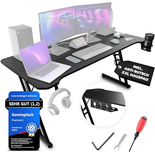 Pixelreich Gaming Tisch 160x70 – Schreibtisch mit XXL Mauspad & Kabelmanagementsystem – für PC Zocker & Gamer | Schwarz