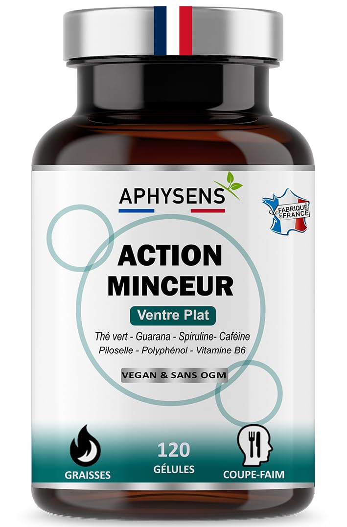 Bruleur de Graisse Puissant et Naturel – Guarana, Spiruline,Thé vert – Coupe Faim, Effet Minceur – Perte de Poids Rapide Homme et Femme – 120 Gélules – Fabriqué en France – Aphysens