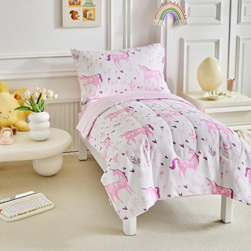 Image of Uniorn Toddler Bedding Set for Girls Light Pink Colorful Unicorn 4PC Toddler Bed Set - Soft Pink Flowers Cute Princess Toddler White Bed in a Bag with Pink Sheet Set and Pillow Shams