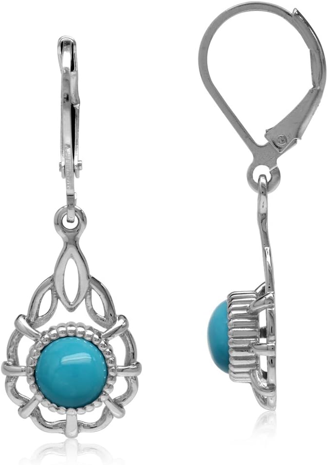 Silvershake 6MM Round Shape Cabochon Gemstone White Gold Plated or Yellow Gold Plated 925 Sterling Silver Scroll/Filigree Drop Dangle Leverback Gemstone Earrings Jewelry for Women