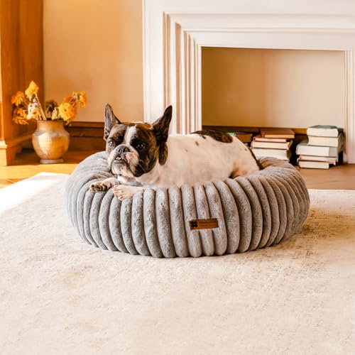MEWOOFUN Hundebett Mittelgroße Hunde Waschbares, Donut Hundebett mit Rutschfester Unterseite, Hundebetten Großes Katzenbett Flauschig Beruhigendes Anti-Angst, grau 64x64cm