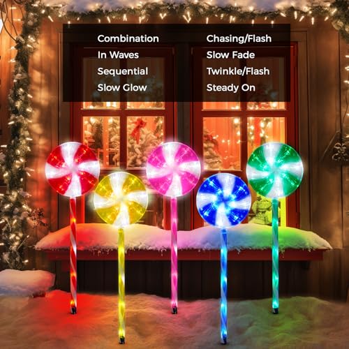 Outdoor Christmas Decorations Solar Pathway Lights, Set of 5 Lollipops Peppermint Stake Lights, 8 Modes Candy Cane Walkside Lights, Outdoor Xmas Decoration for Walkway,Yard by ILLUMINEW - Image 3