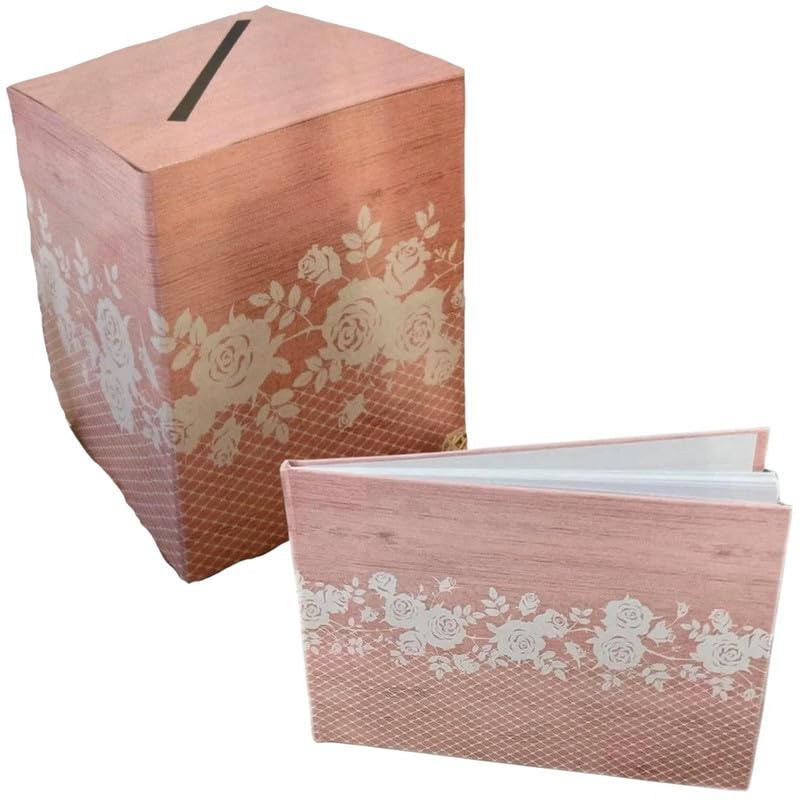 Tirelire - Urne avec Livre d'or Collection Bois de Rose - Rose et Fleurie pour Mariage, fiançaille, Anniversaire
