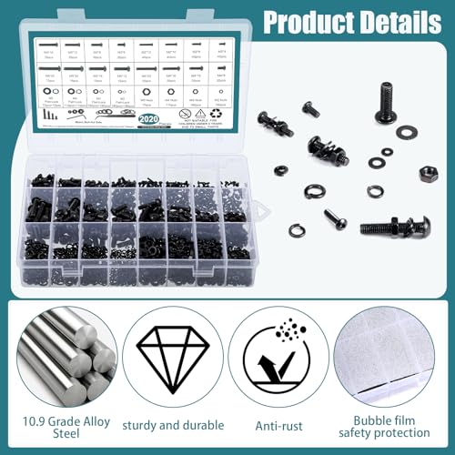 Besarme 8859 2024 Pcs Metric Screw Assortment, Bolts And Nuts Assortment Metric Machine Screw Assortment M2 M3 M4 M5, 10.9 Alloy Steel Black Zinc Plated Hex Button Head Screws Nuts Bolts And Washers Set thumb #3