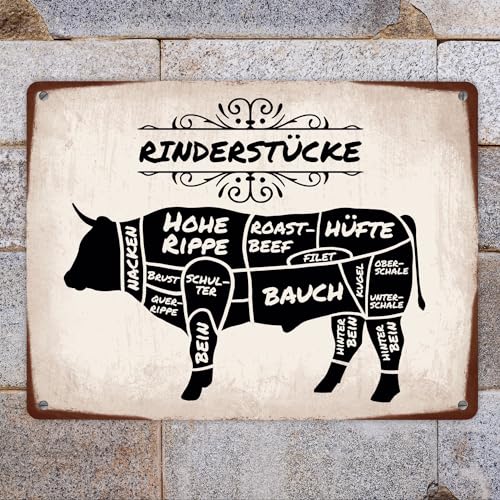 Rinderstücke BBQ Beef Fleischstücke Metallschild XL in 21x28 cm Blechschild für den Grill als Dekoration für Grillfans und Fleischesser