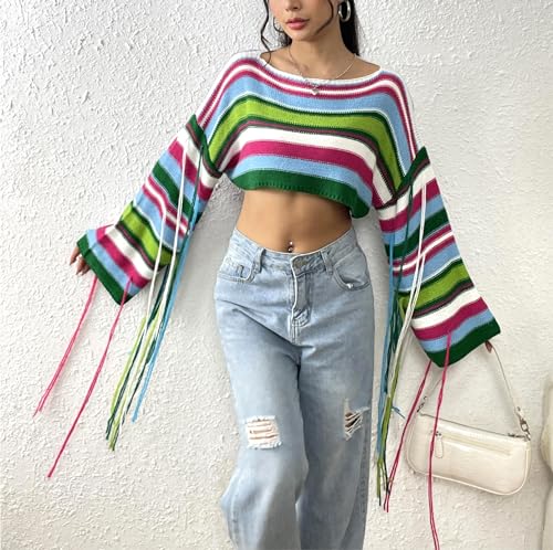 Image of BAIMORE Women's Chic Crochet Boat Neck Rainbow Striped Long Sleeve Crop Sweater with Tassels
