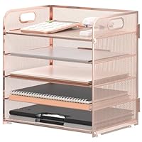 EXERZ Mesh Bureau Organizer – 3-Laags Brievenhouder met 4 Vakken – Roze – Metalen Dossierhouder voor Kantoor, Thuis, School