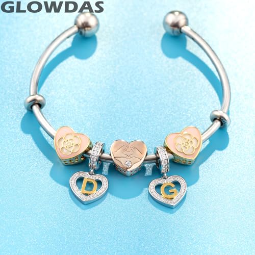 Image of GLOWDAS 18K Gold Plated Letter Charms Initial A to Z Necklace Pendant, 925 Sterling Silver CZ Heart Dangle Alphabet Beads fit European DIY Bracelet, Gifts for Valentiens /Christmas /Family