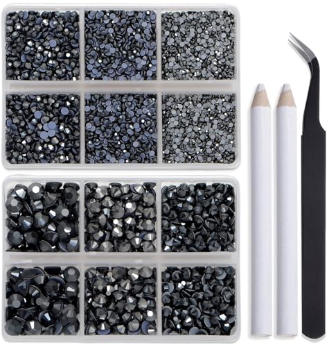 Image of Bymitel Hotfix Crystal Rhinestones Round Gems for Crafts,Mixed 6 Sizes with Wax Pencil Kit, Jet Hematite 1.6-6.3mm SS4-SS30 /8000pcs