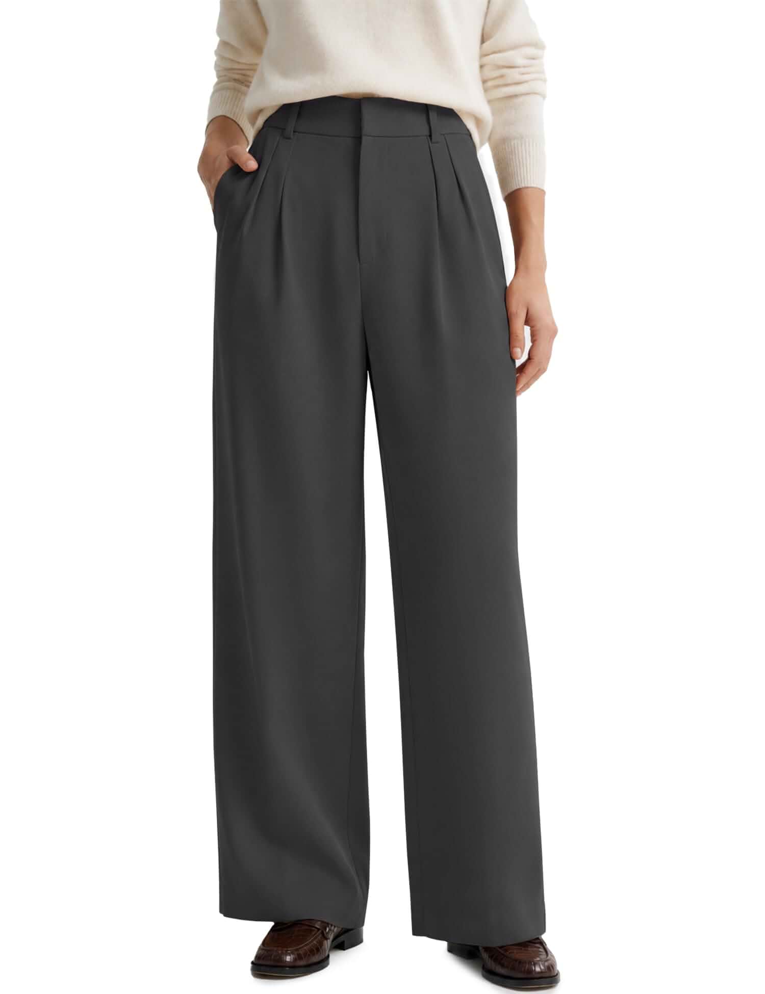 LOMON Women's Wide Leg Dress Pants Crepe Office Work Trousers with Pockets 2026 Fall Outfits, Hidden Elastic Waist, Wrinkle-Free, Pleated Front, Tailored Fit, Business Casual Slacks