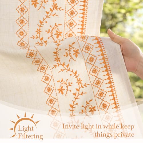 Image of Yinhua Boho Kitchen Curtains 36 Inch Length Orange Embroidered Floral Cafe Curtains, Light Filtering Farmhouse Kitchen Window Curtain Rod Pocket Short Tier Curtains for Windows, 26 inch W x 36 inch L